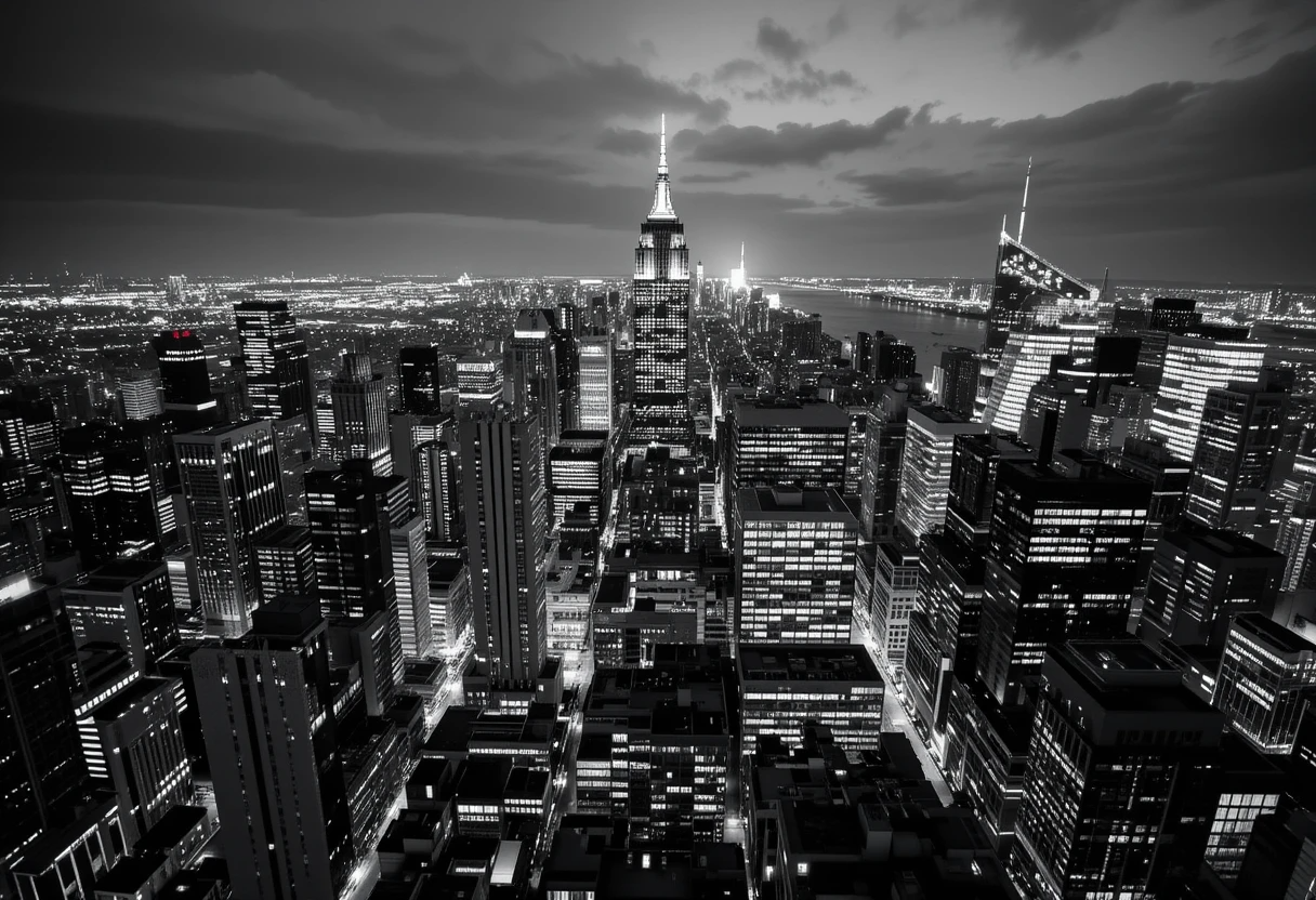 New York City skyline at night featuring the Empire State Building