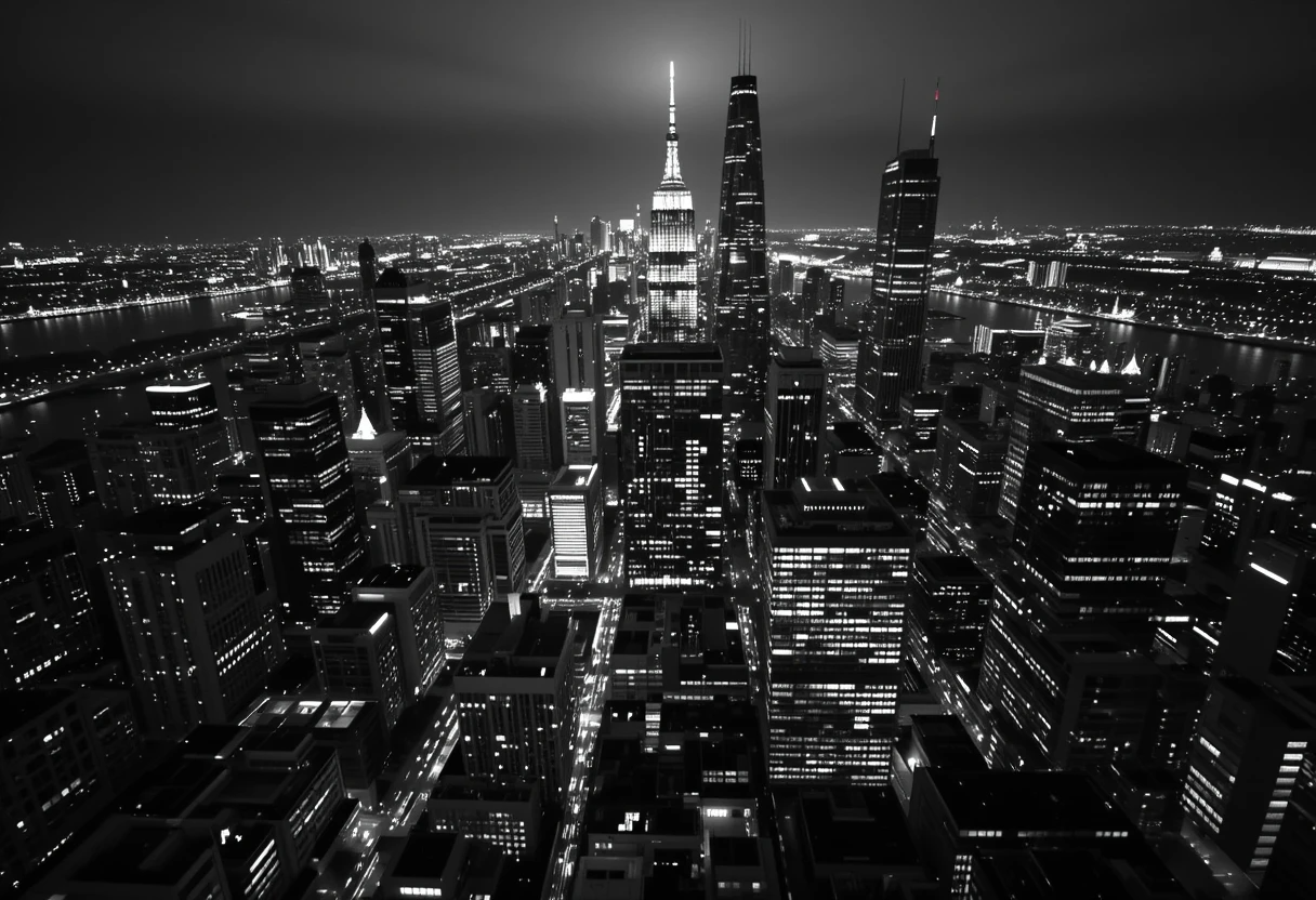 New York City skyline at night featuring the Empire State Building
