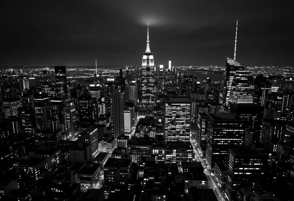 New York City skyline at night featuring the Empire State Building