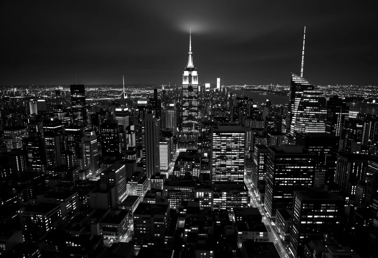 New York City skyline at night featuring the Empire State Building