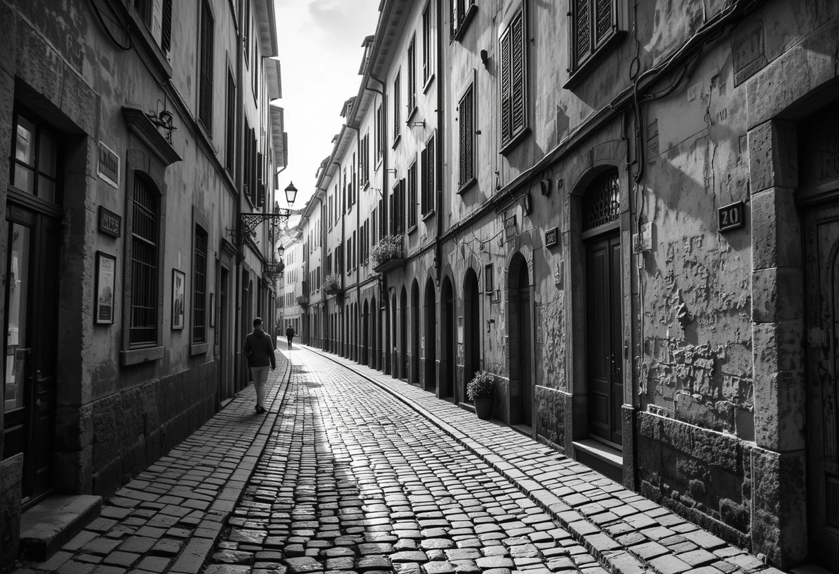 Narrow cobblestone alley in an old European town with a solitary walker