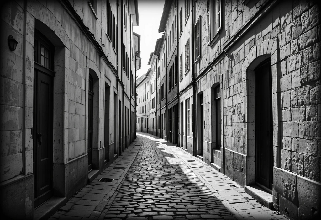 Narrow cobblestone alley in an old European town with a solitary walker