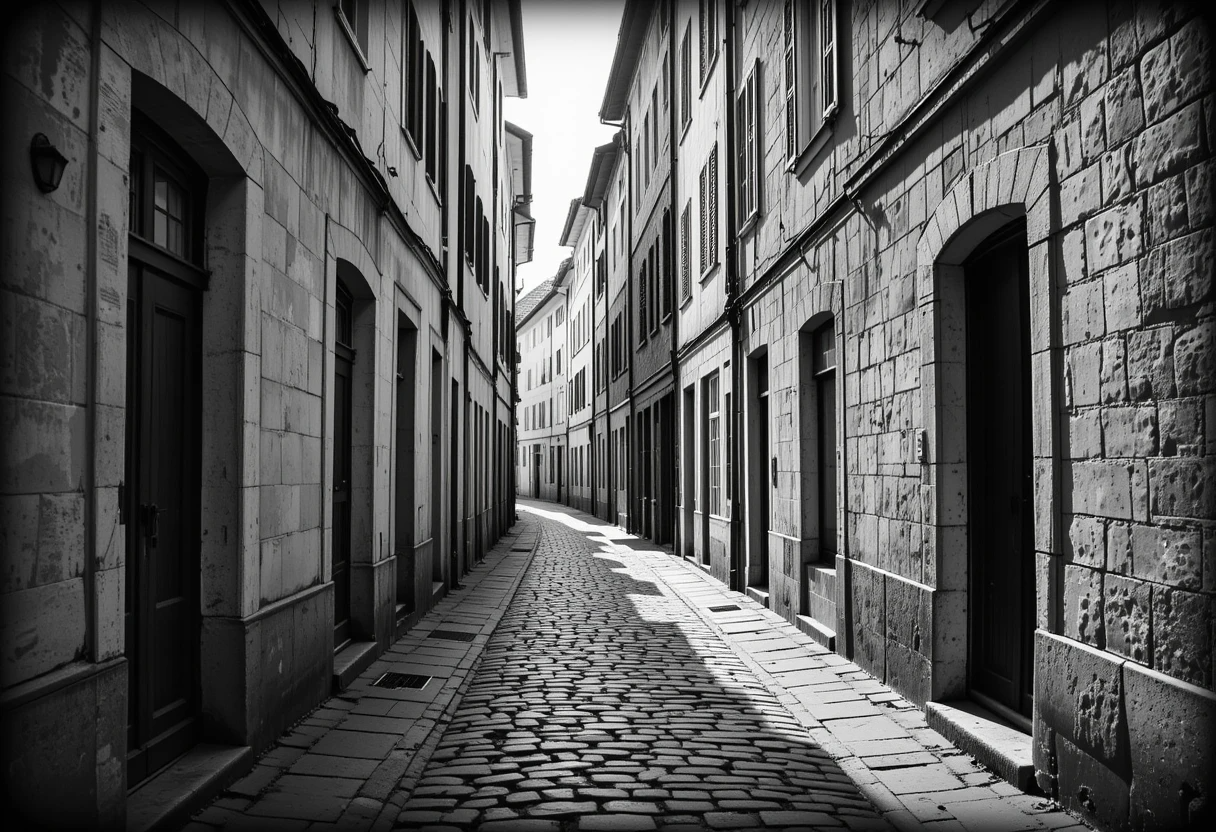 Narrow cobblestone alley in an old European town with a solitary walker