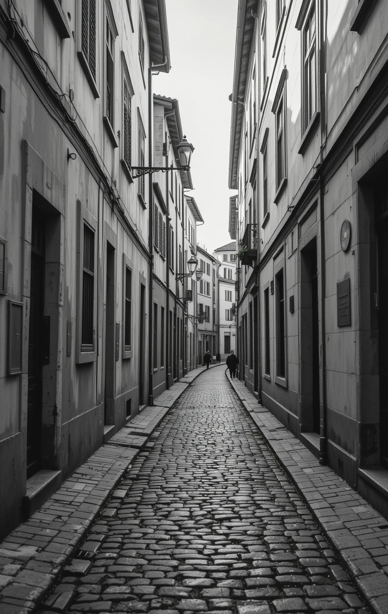 Narrow cobblestone alley in an old European town with a solitary walker