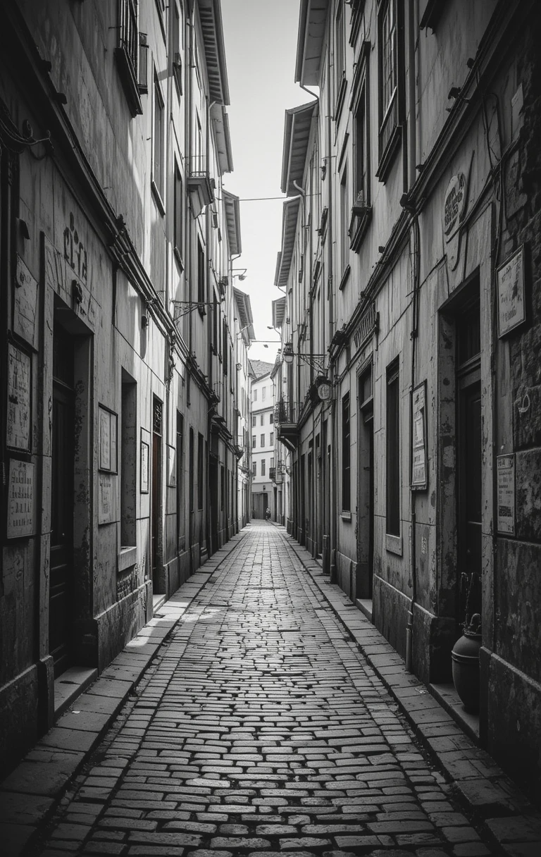 Narrow cobblestone alley in an old European town with a solitary walker