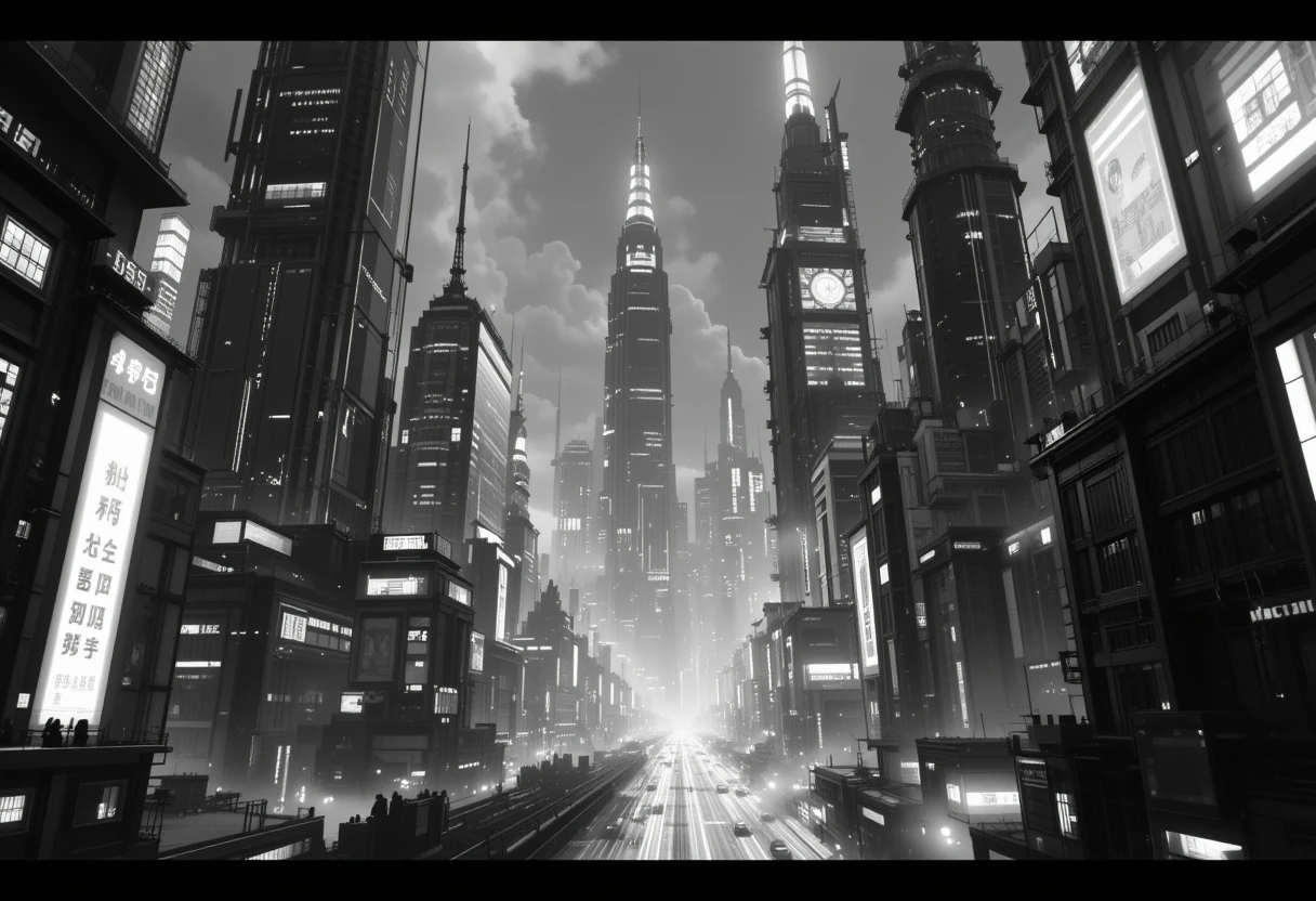 Futuristic cyberpunk city street glowing in monochrome