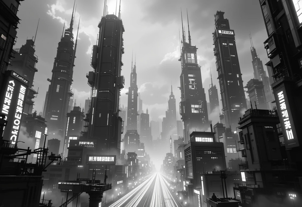 Futuristic cyberpunk city street glowing in monochrome
