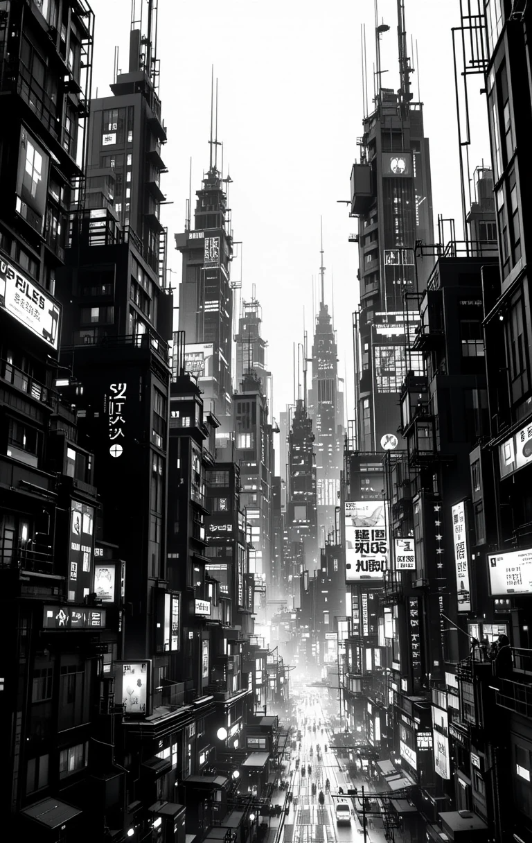 Futuristic cyberpunk city street glowing in monochrome