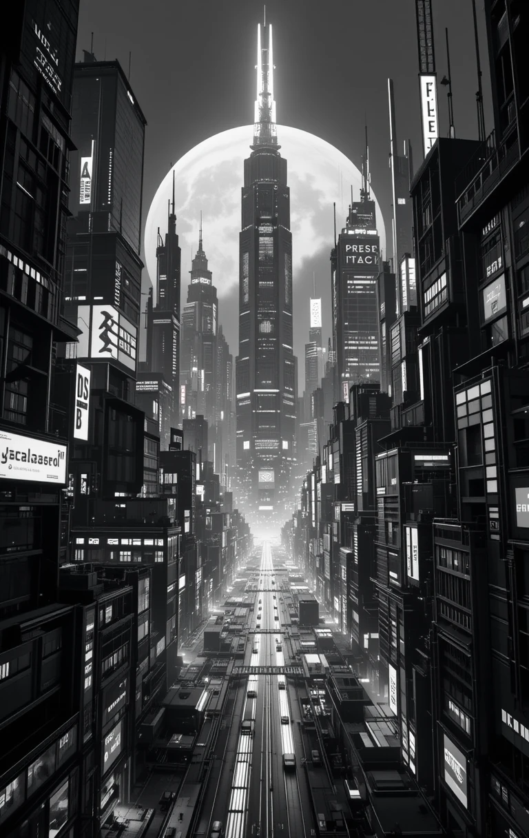 Futuristic cyberpunk city street glowing in monochrome
