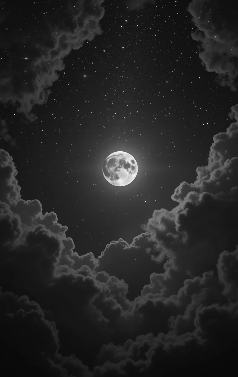 The moon framed by dramatic clouds in the night sky