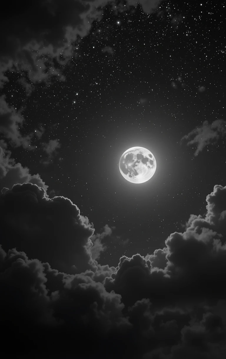 The moon framed by dramatic clouds in the night sky