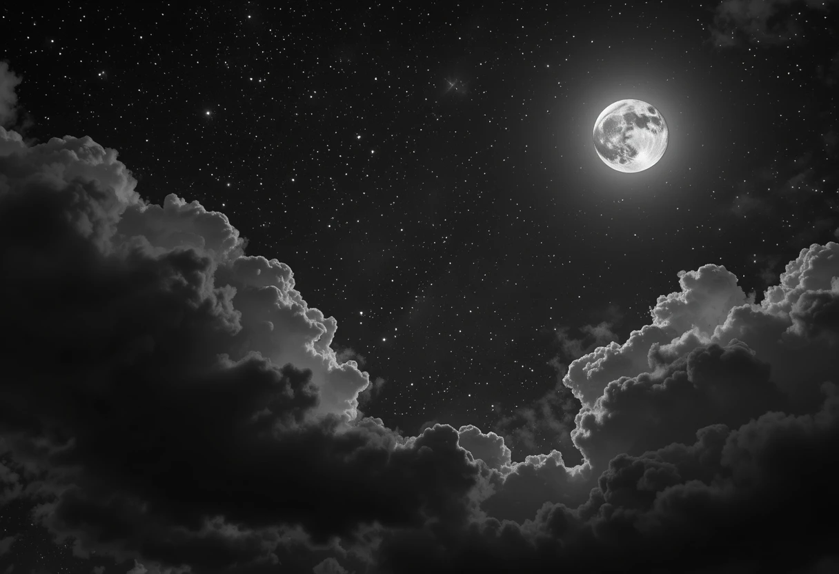 The moon framed by dramatic clouds in the night sky