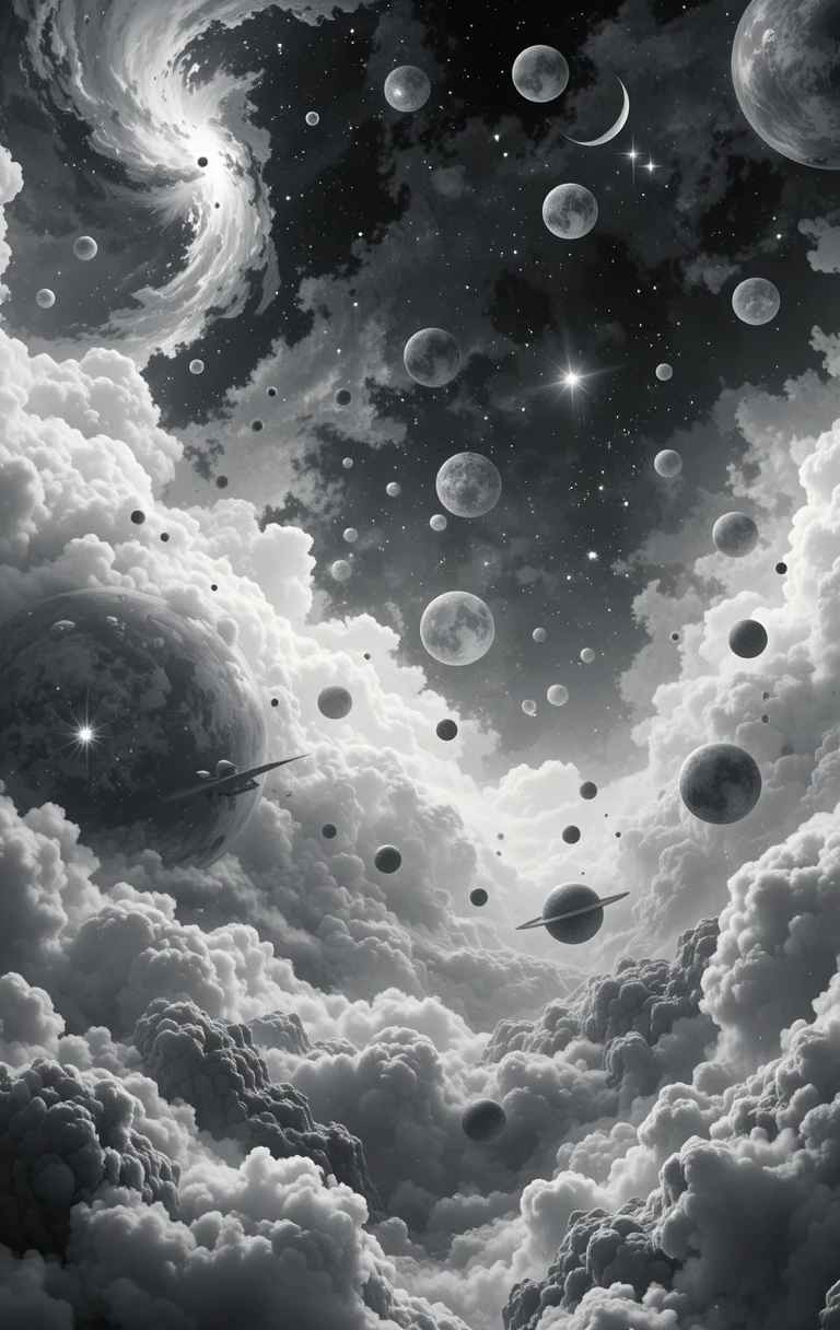 Surreal sky with floating planets, moons, and swirling clouds