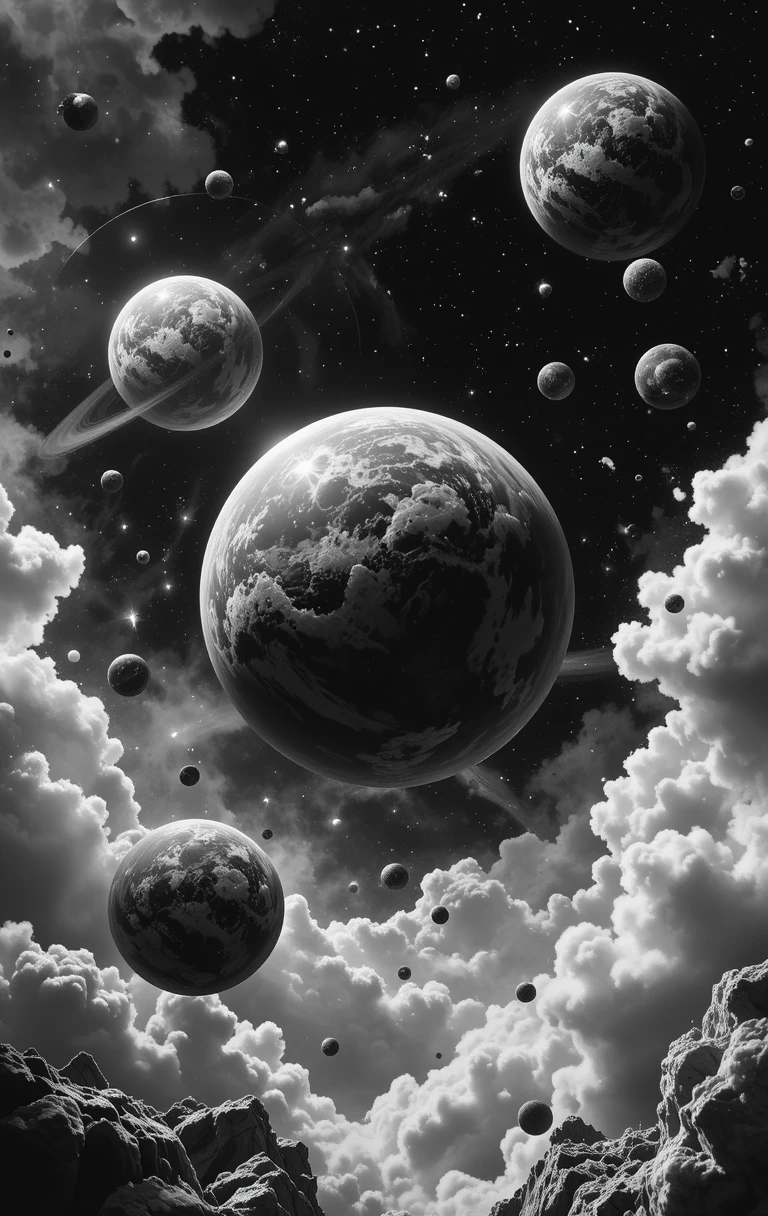 Surreal sky with floating planets, moons, and swirling clouds