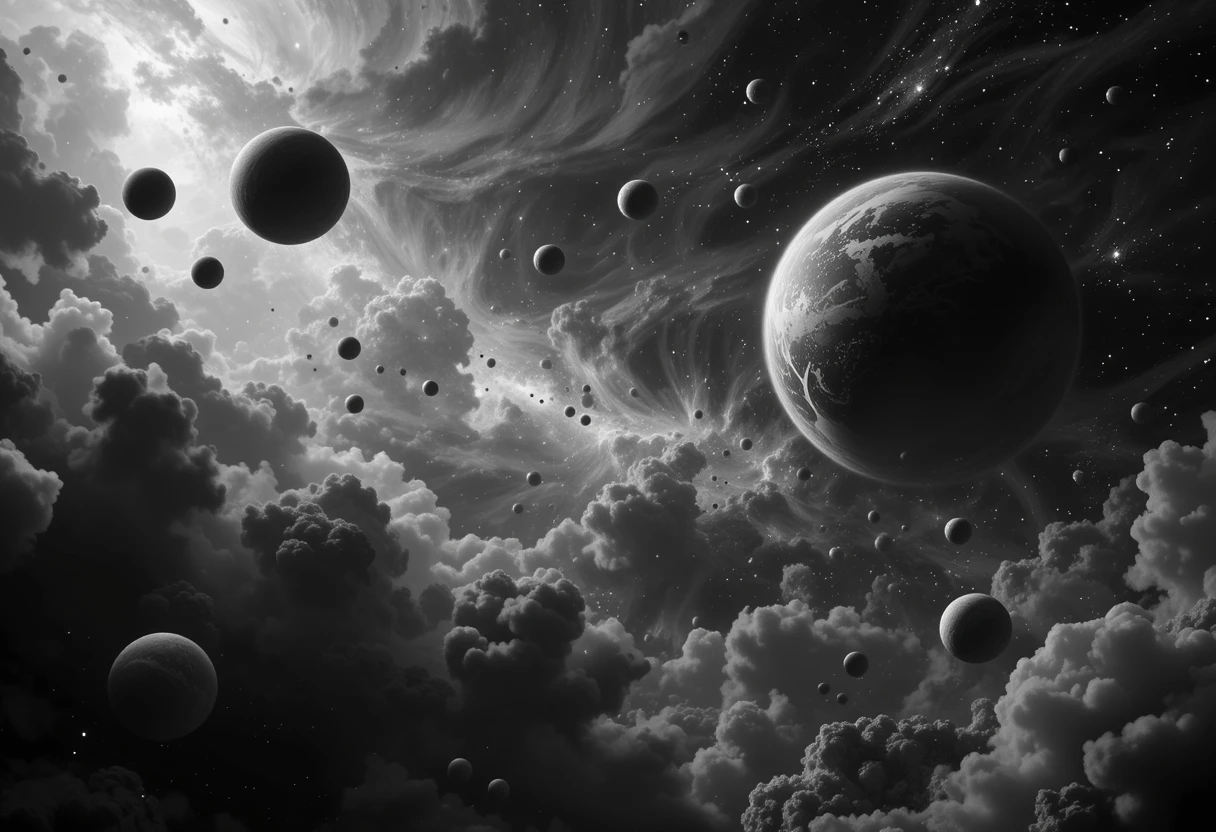 Surreal sky with floating planets, moons, and swirling clouds