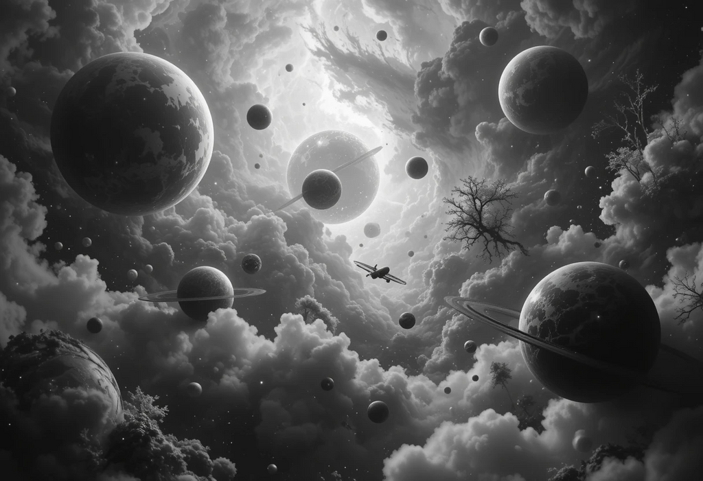 Surreal sky with floating planets, moons, and swirling clouds