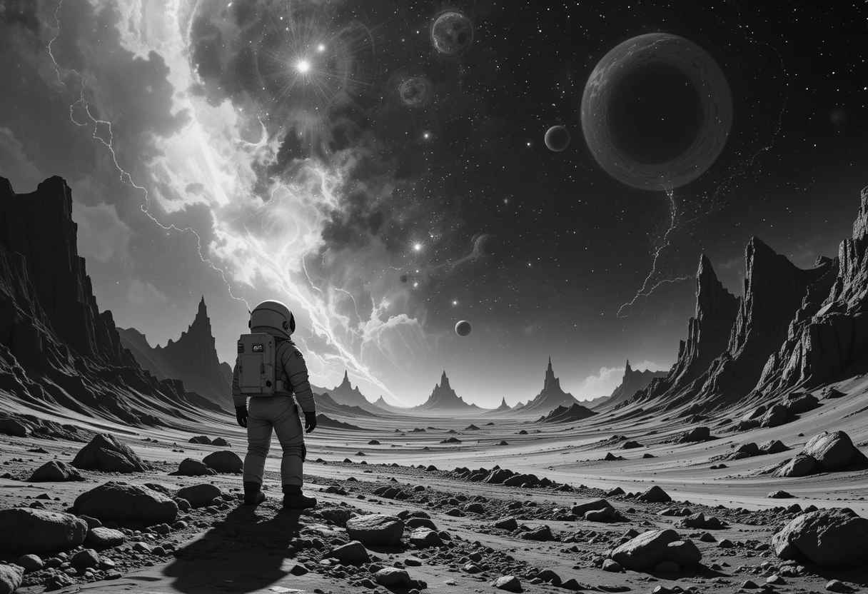 Astronaut gazing at an alien sky filled with planets and lightning