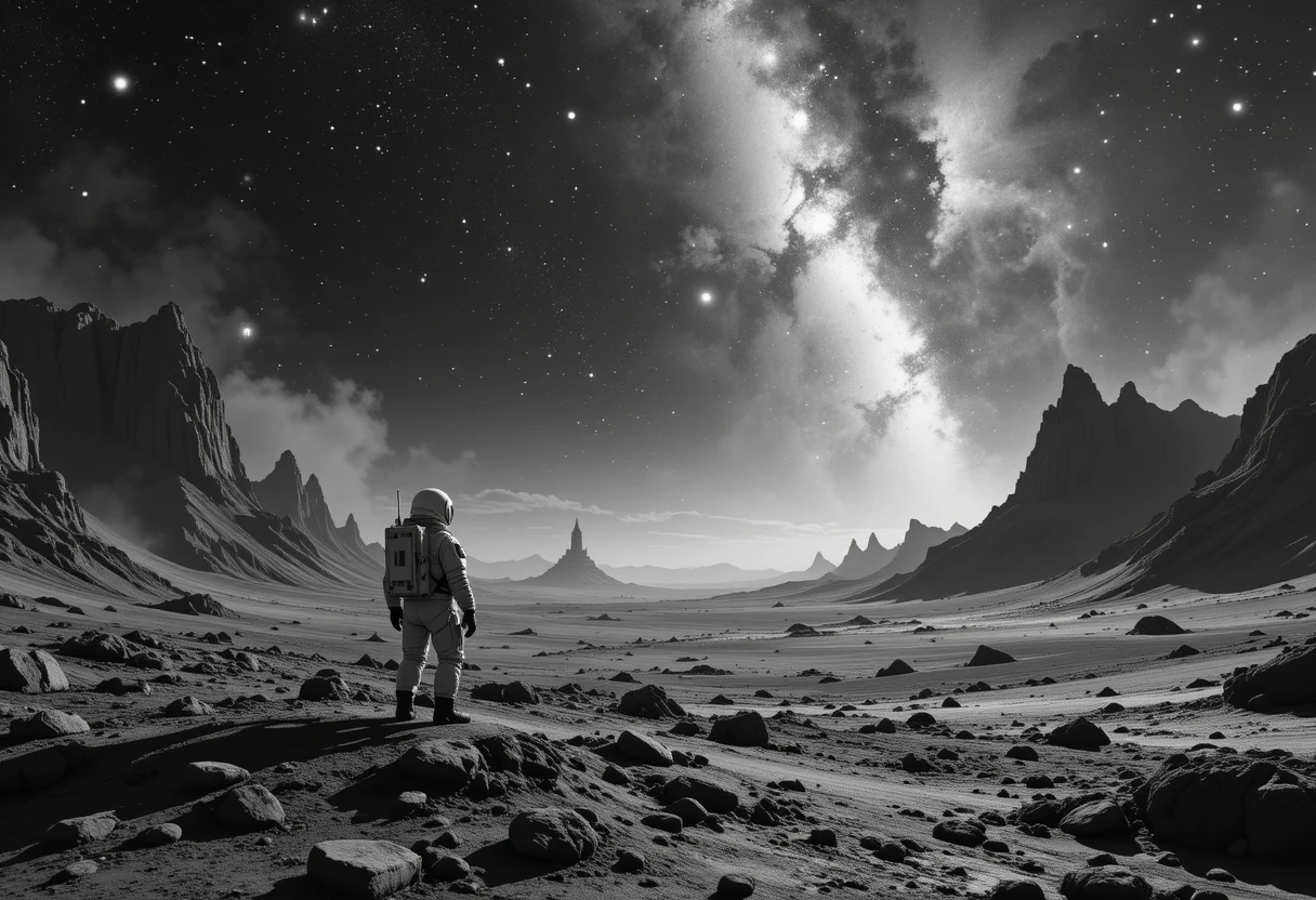 Astronaut gazing at an alien sky filled with planets and lightning