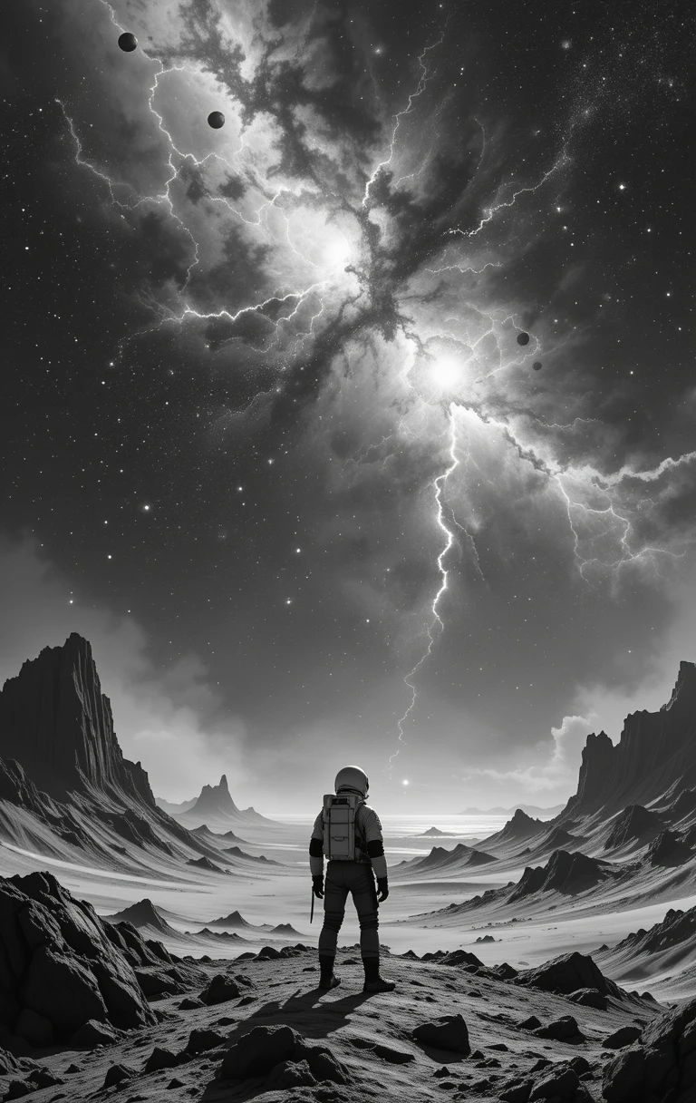 Astronaut gazing at an alien sky filled with planets and lightning