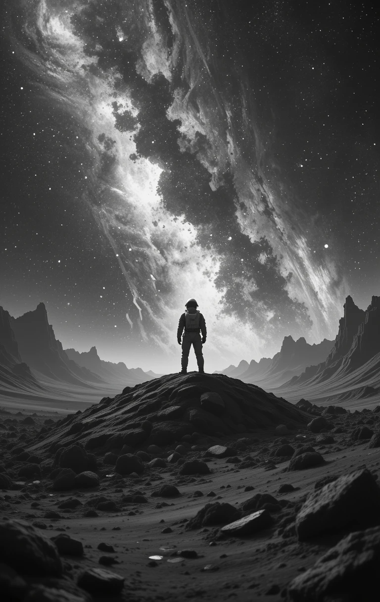 Astronaut gazing at an alien sky filled with planets and lightning