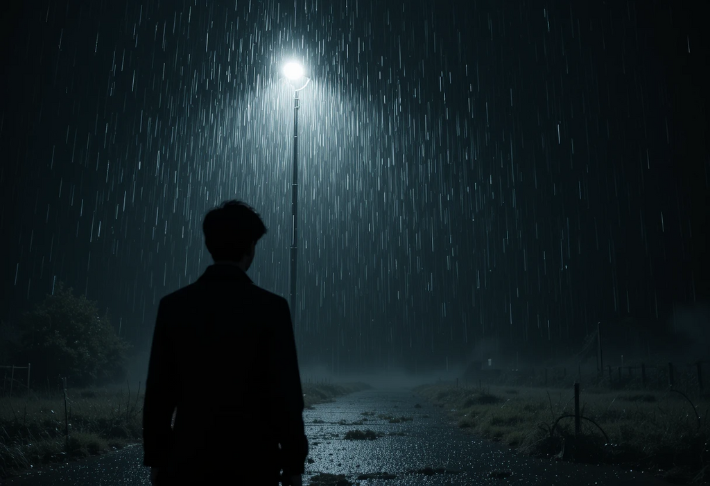 Lone figure standing under a streetlamp in heavy downpour