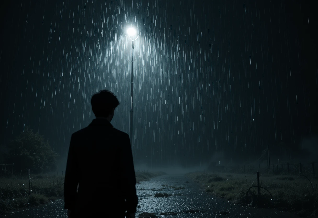 Lone figure standing under a streetlamp in heavy downpour