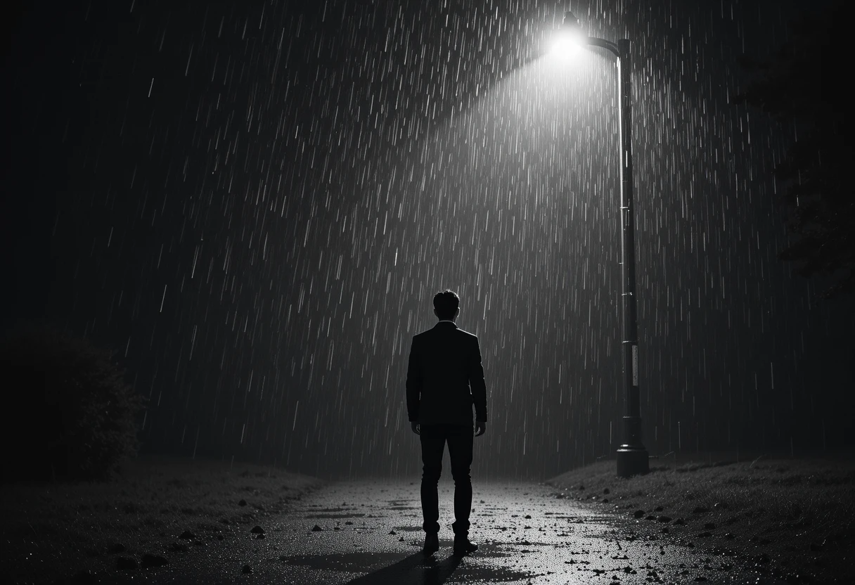 Lone figure standing under a streetlamp in heavy downpour