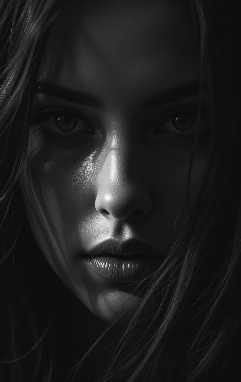 Close-up portrait of a woman with intense, dramatic lighting