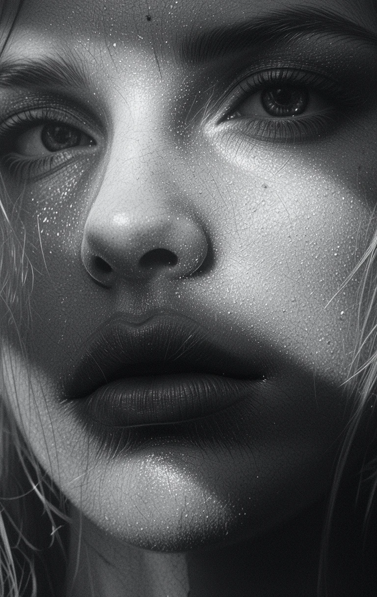 Close-up portrait of a woman with intense, dramatic lighting