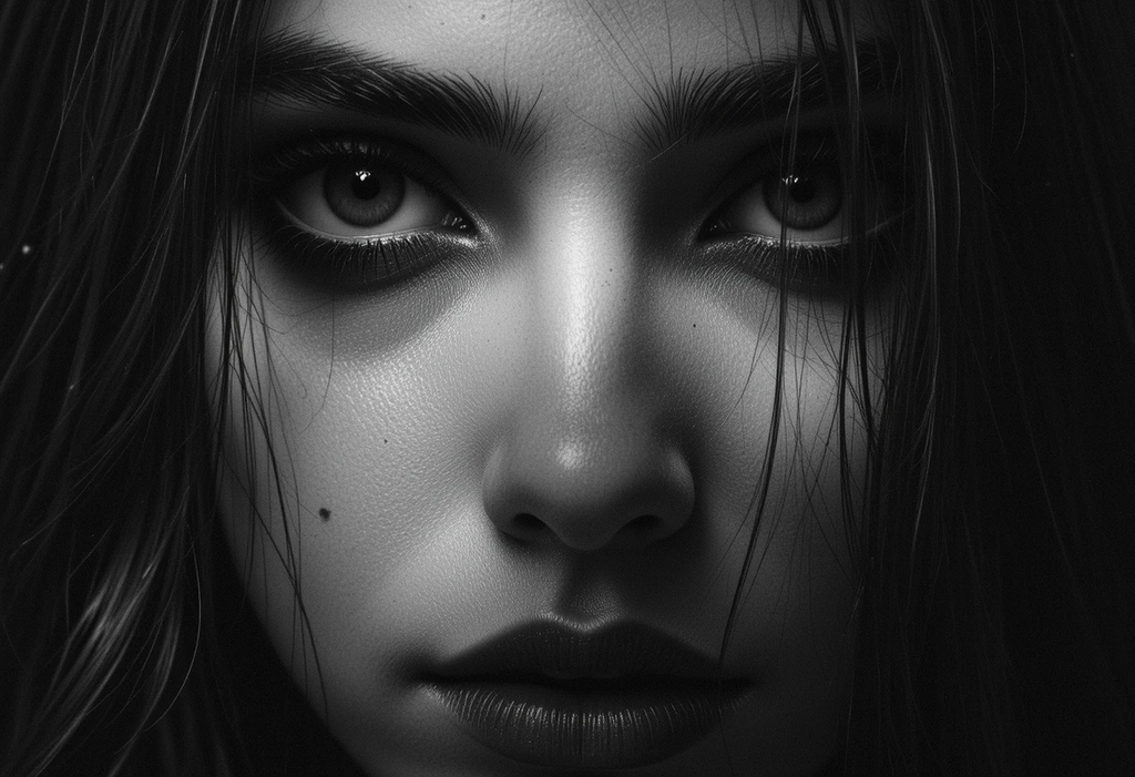 Close-up portrait of a woman with intense, dramatic lighting