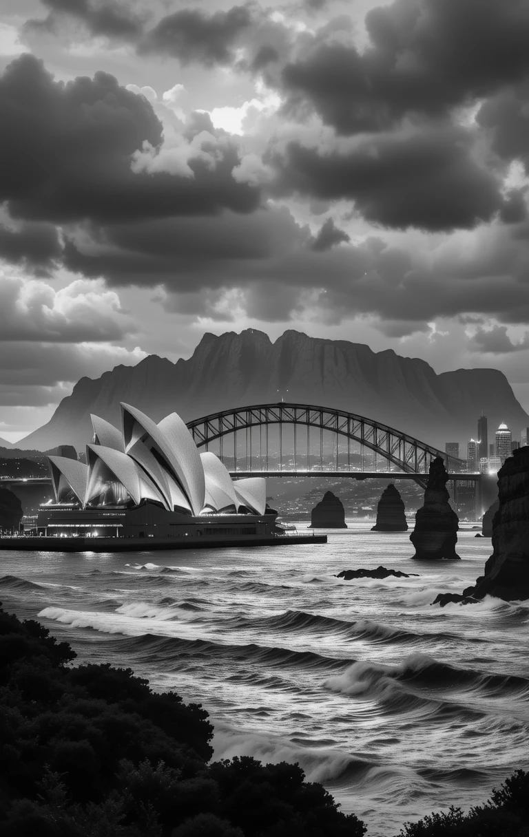 Sydney Opera House and Harbour Bridge under stormy skies