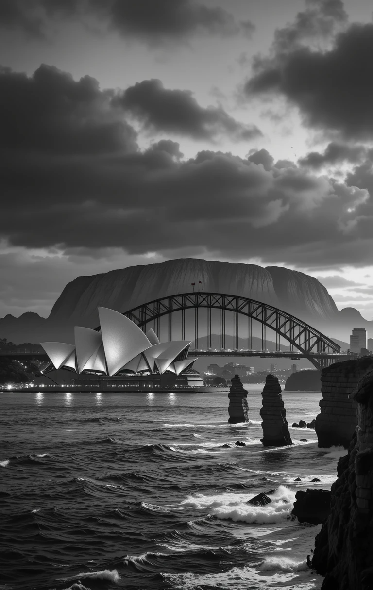 Sydney Opera House and Harbour Bridge under stormy skies