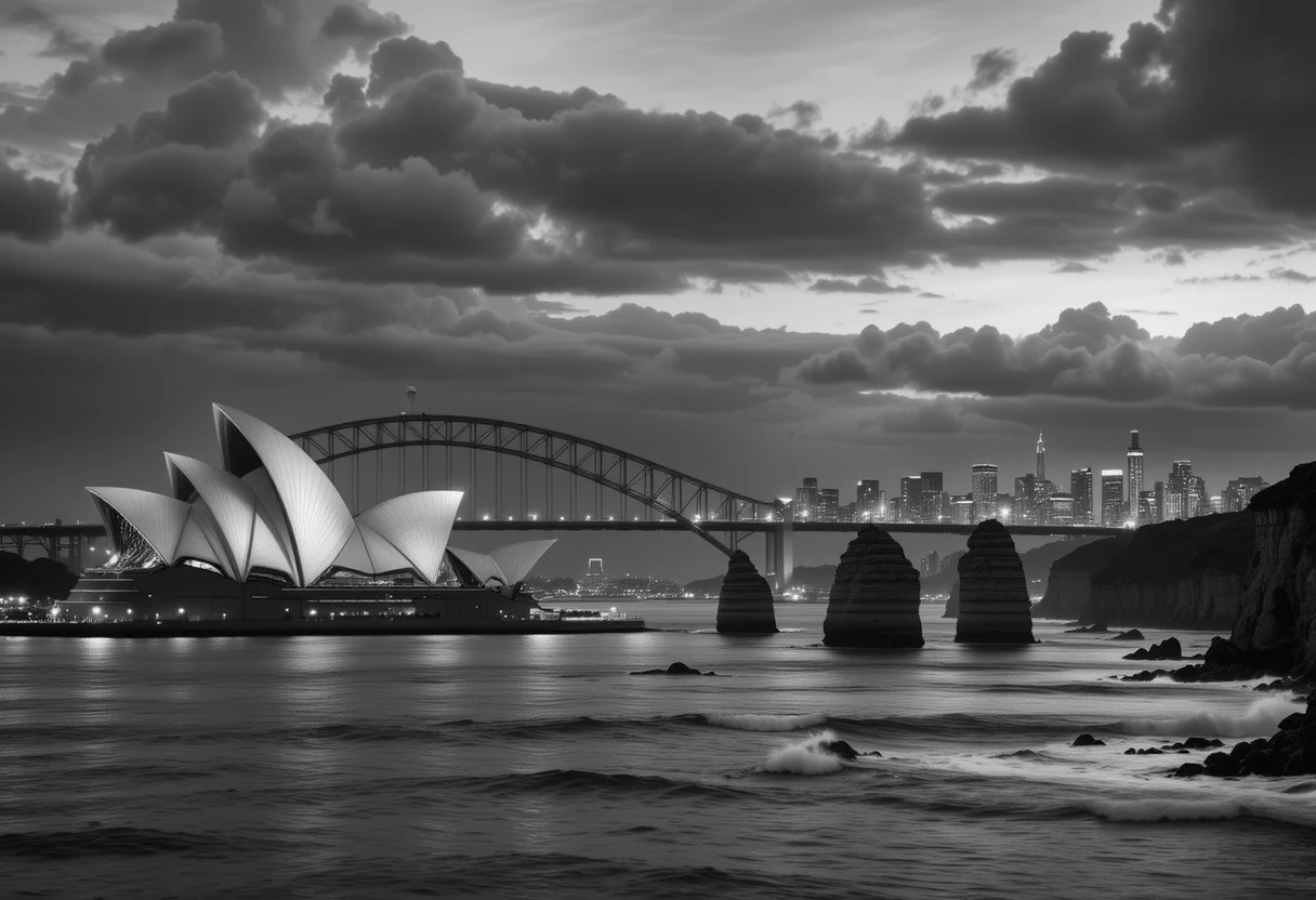 Sydney Opera House and Harbour Bridge under stormy skies