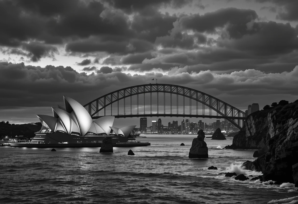 Sydney Opera House and Harbour Bridge under stormy skies