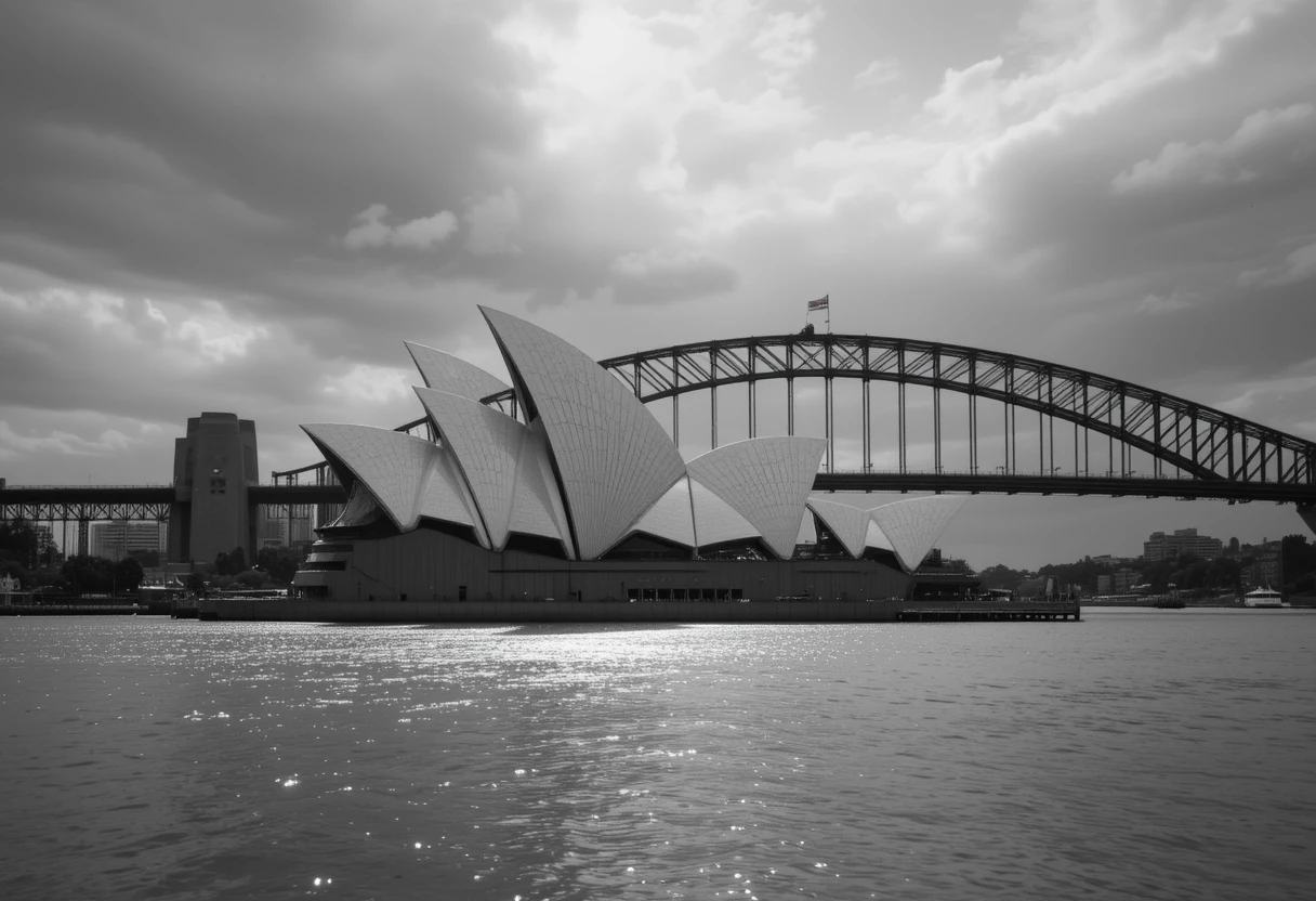 Sydney Opera House and Harbour Bridge under stormy skies