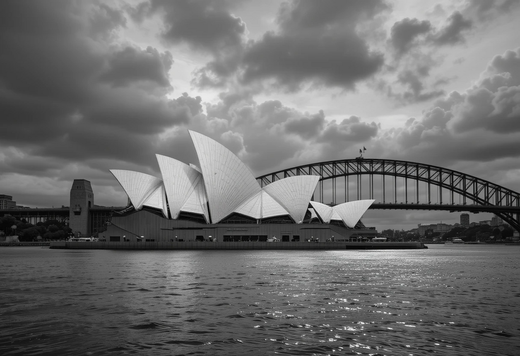 Sydney Opera House and Harbour Bridge under stormy skies