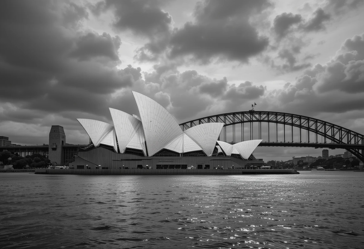 Sydney Opera House and Harbour Bridge under stormy skies