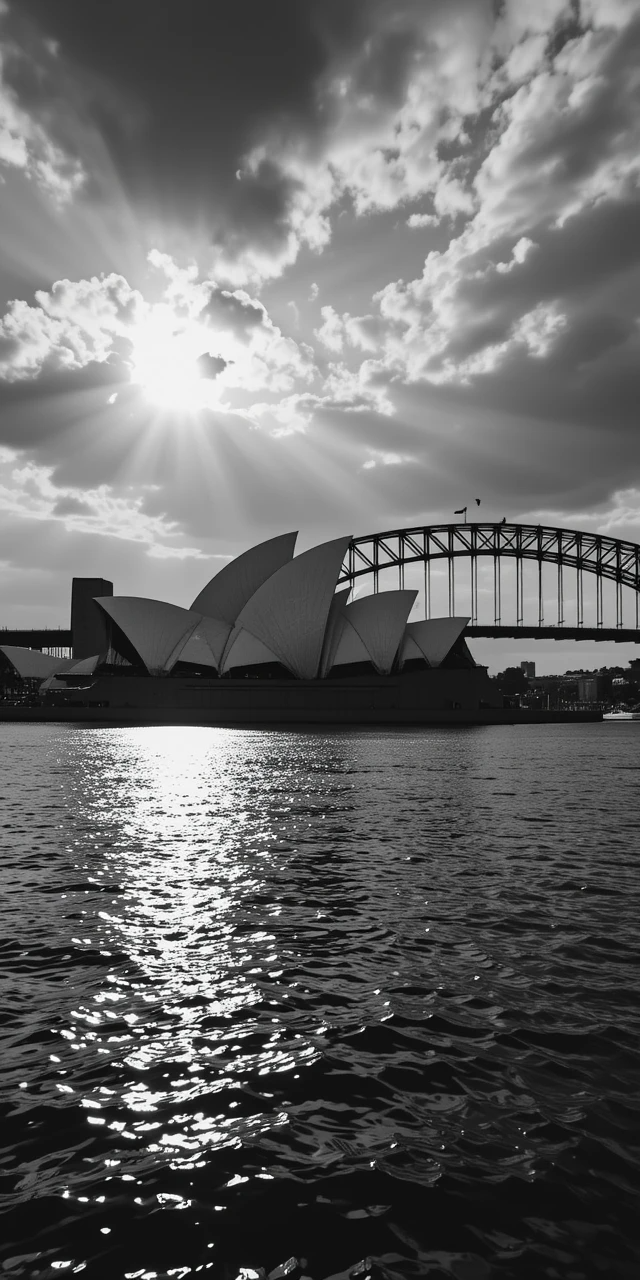 Sydney Opera House and Harbour Bridge under stormy skies