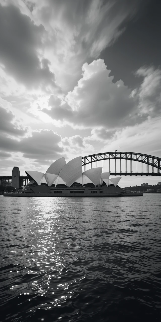 Sydney Opera House and Harbour Bridge under stormy skies