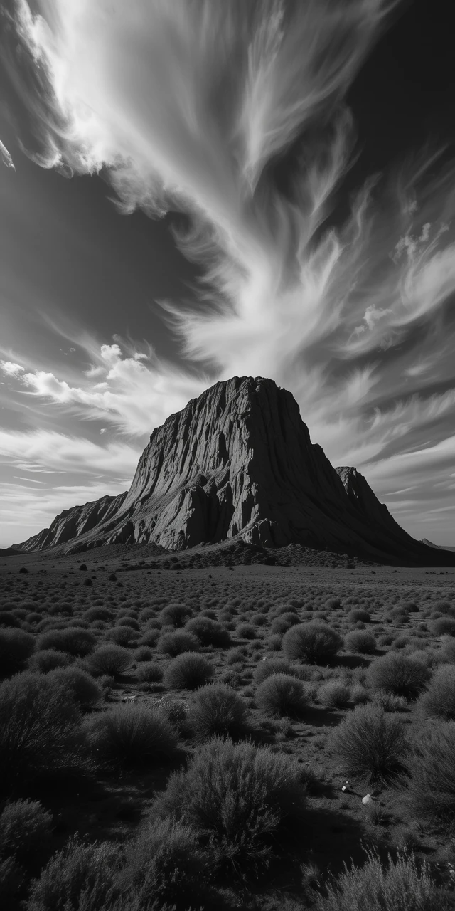 Towering desert butte with swirling dramatic clouds overhead