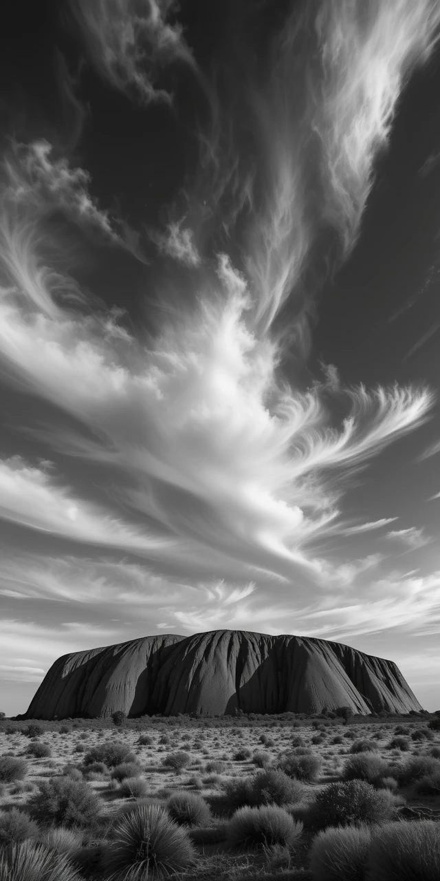 Towering desert butte with swirling dramatic clouds overhead