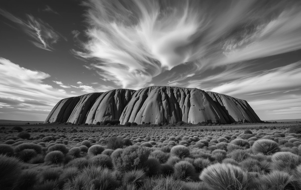 Towering desert butte with swirling dramatic clouds overhead