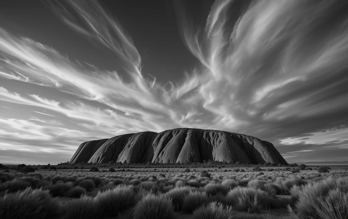 Towering desert butte with swirling dramatic clouds overhead