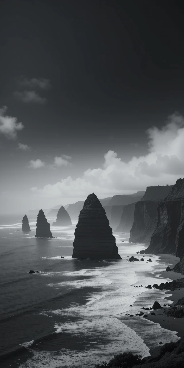 The silhouetted sea stacks rising from the foggy beach, like ancient sentinels amid swirling clouds and waves.