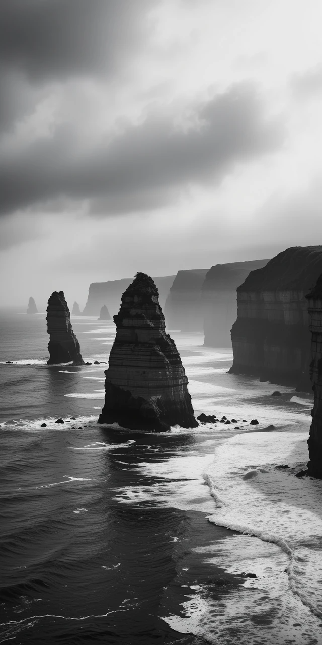 The silhouetted sea stacks rising from the foggy beach, like ancient sentinels amid swirling clouds and waves.