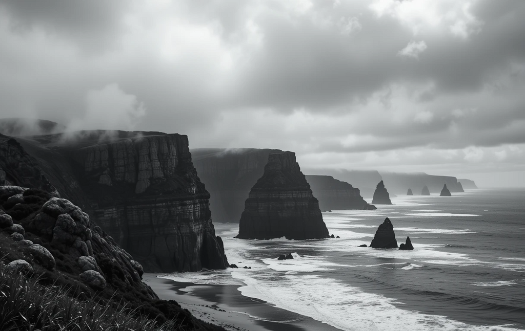 The silhouetted sea stacks rising from the foggy beach, like ancient sentinels amid swirling clouds and waves.