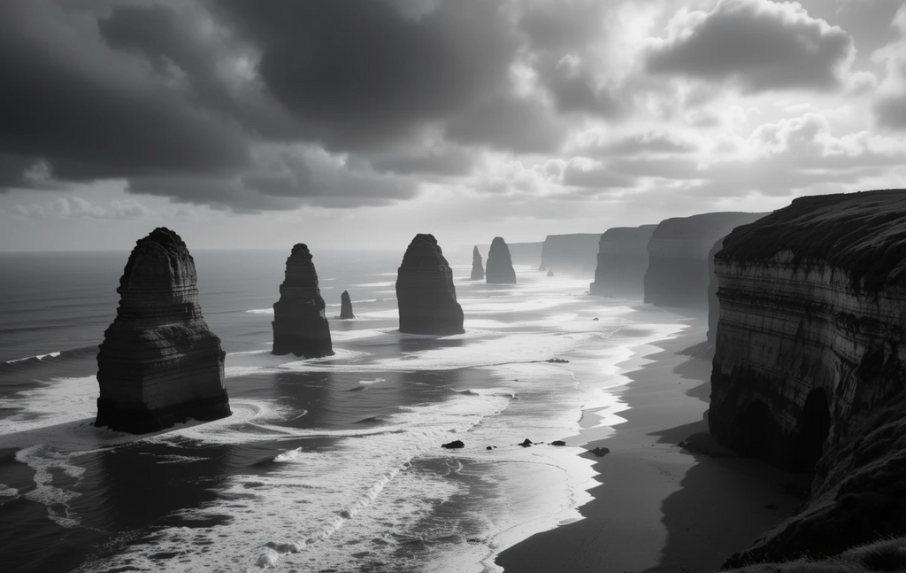 The silhouetted sea stacks rising from the foggy beach, like ancient sentinels amid swirling clouds and waves.