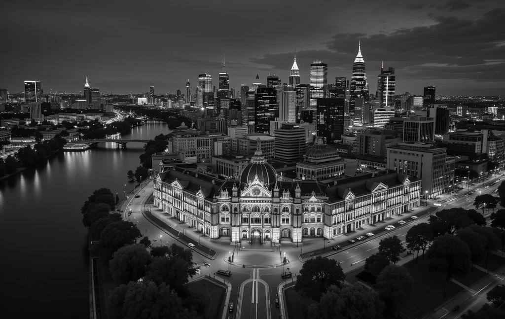 The illuminated ornate historic building foregrounding a glittering city skyline at night, with reflections on the river