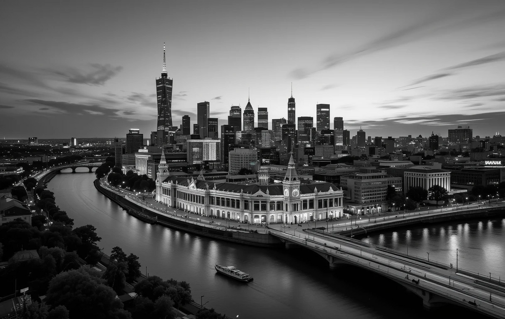 The illuminated ornate historic building foregrounding a glittering city skyline at night, with reflections on the river