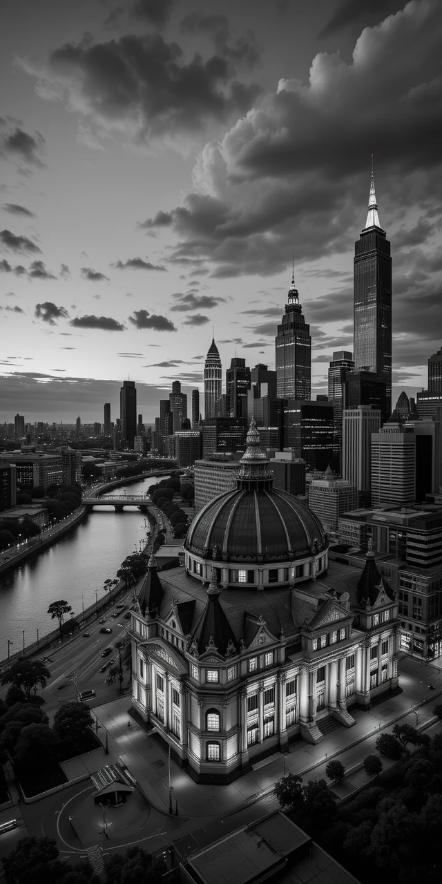 The illuminated ornate historic building foregrounding a glittering city skyline at night, with reflections on the river
